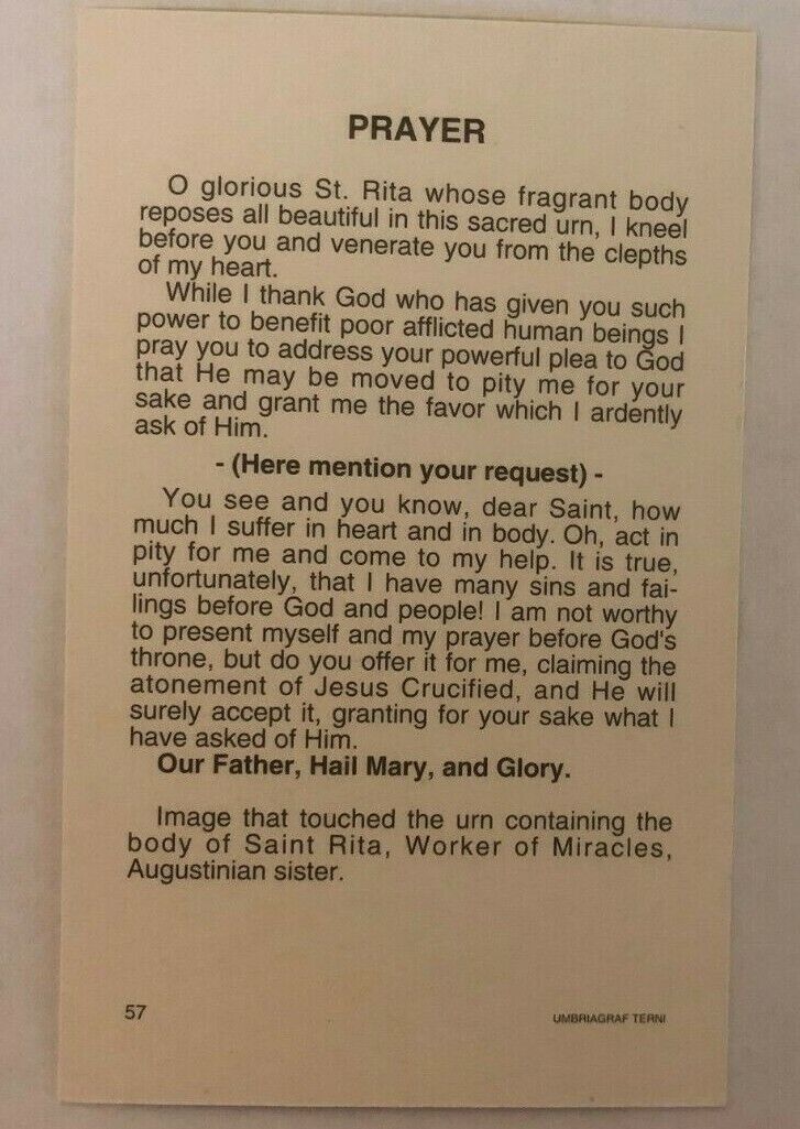 Saint Rita of Cascia Prayer Card, New From Italy - Bob and Penny Lord