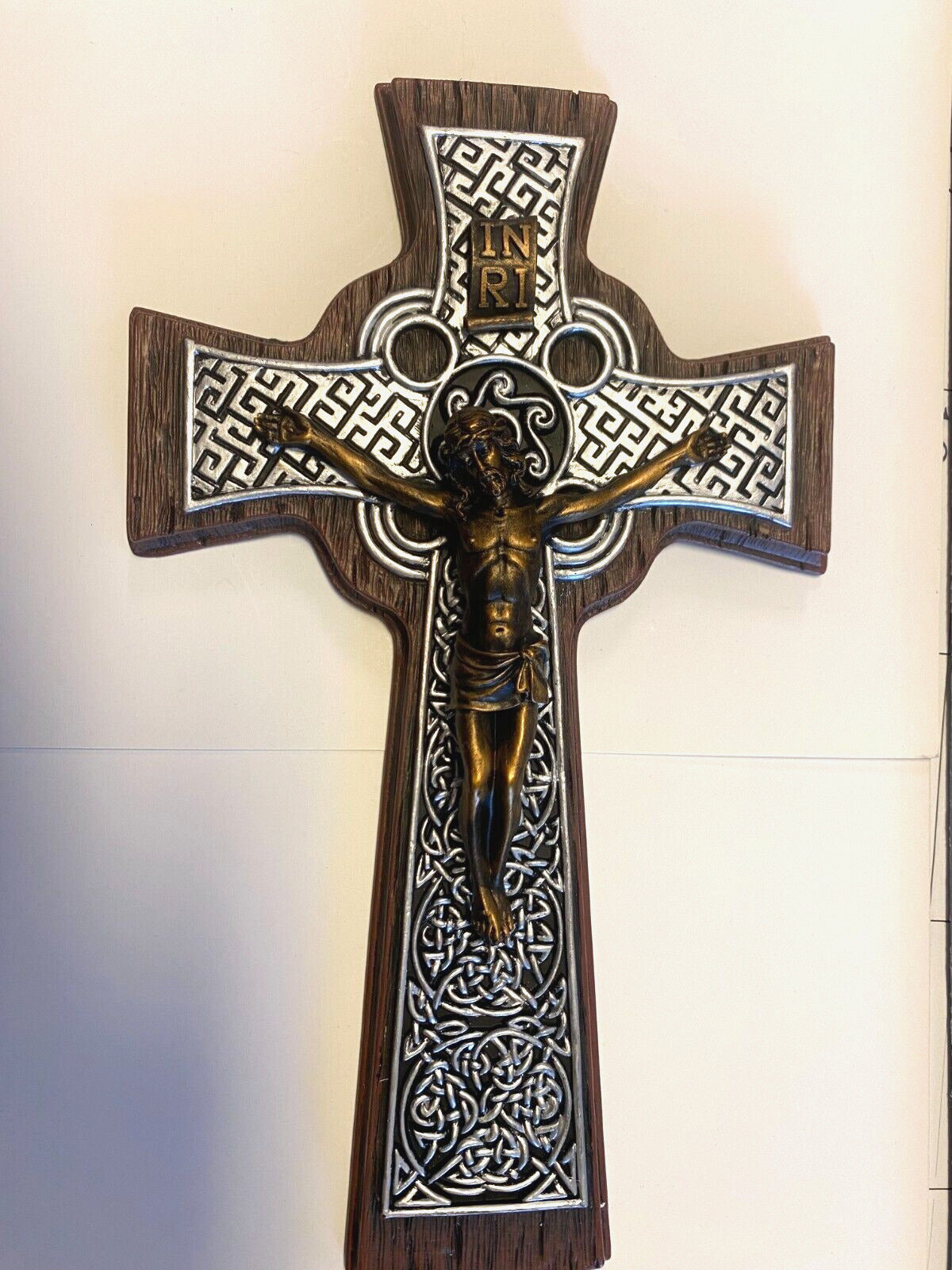 Celtic Wall Wood Tone Crucifix, 10", New