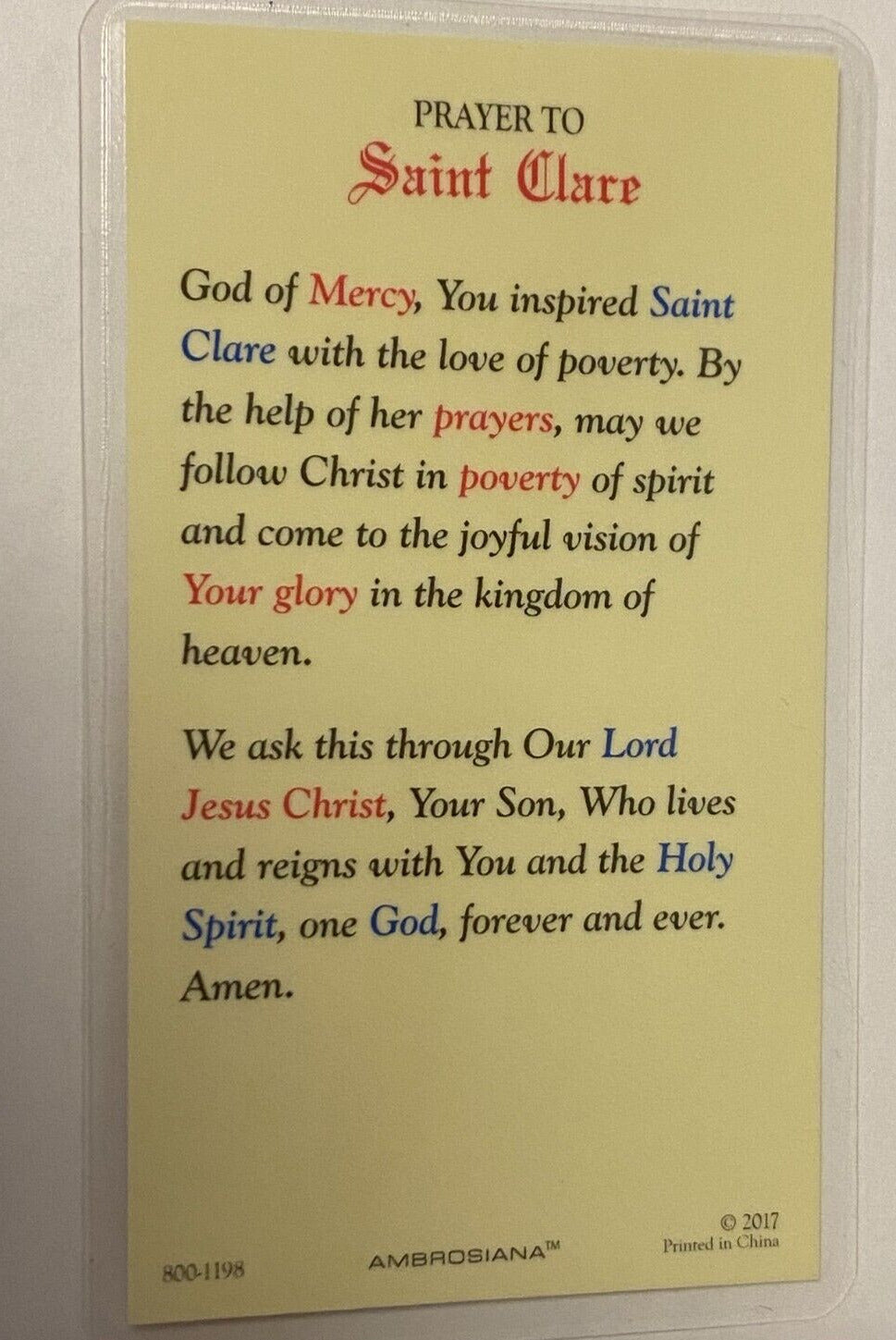 Saint Claire of Assisi Laminated Prayer Card, New