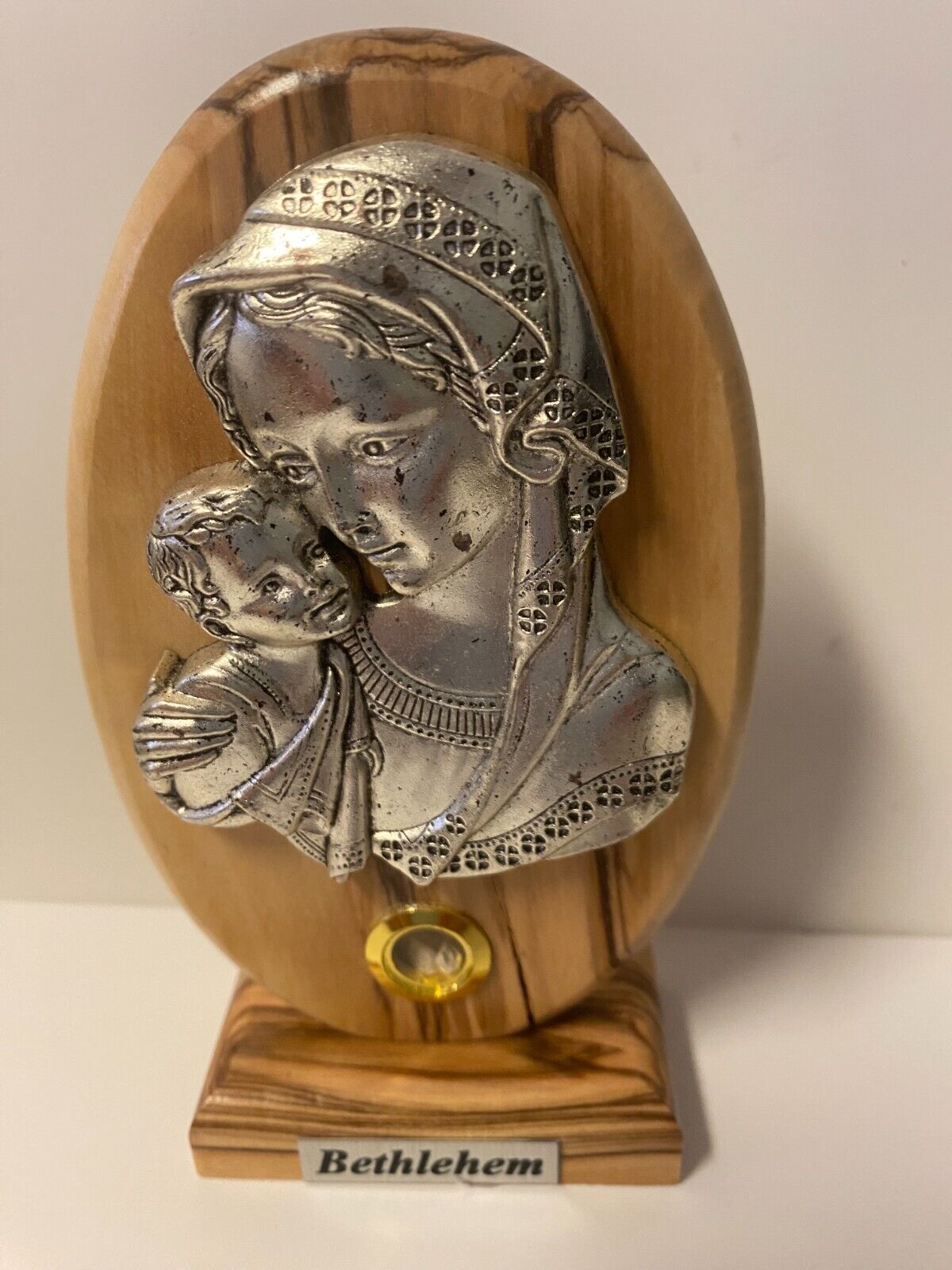 Blessed Mother with Child Pewter Image set on Wood, Medium, New from Bethlehem