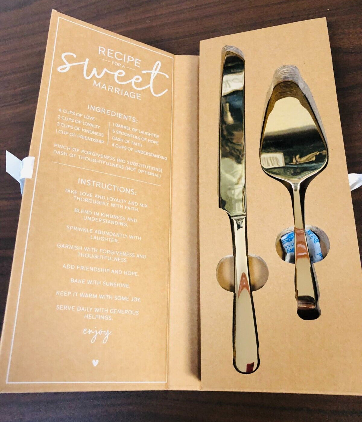 Gold Cake Serving Set with Recipe for a Sweet Marriage, New - Bob and Penny Lord