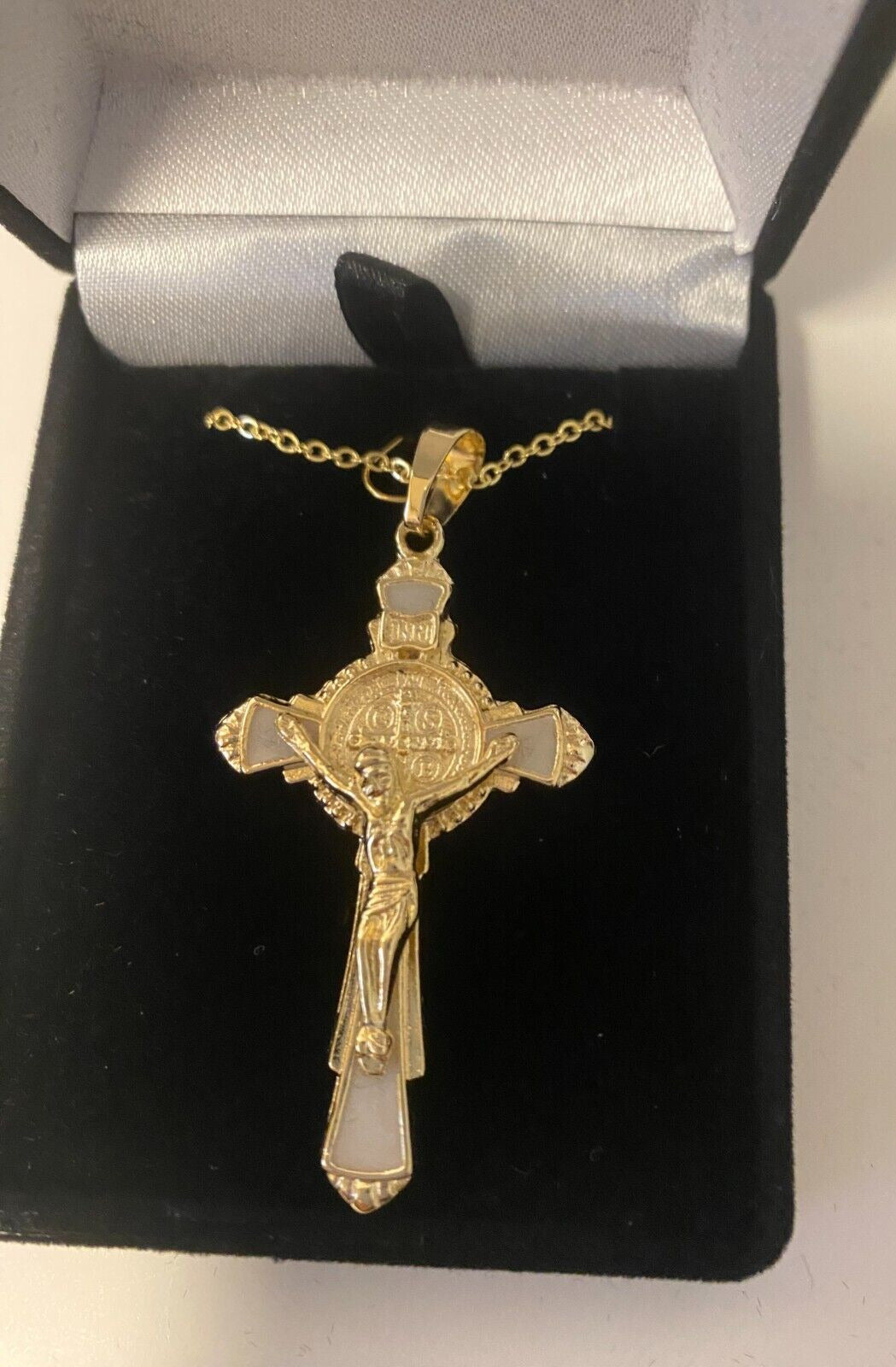 Brazilian Gold & White with Saint Benedict Crucifix 20" Necklace, New