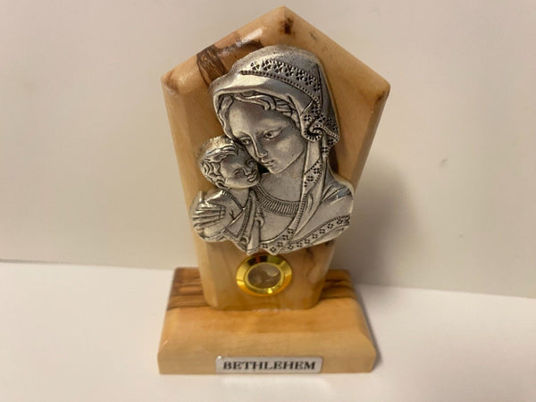 Blessed Mother with Child Pewter Image set on Wood, Small, New from Bethlehem