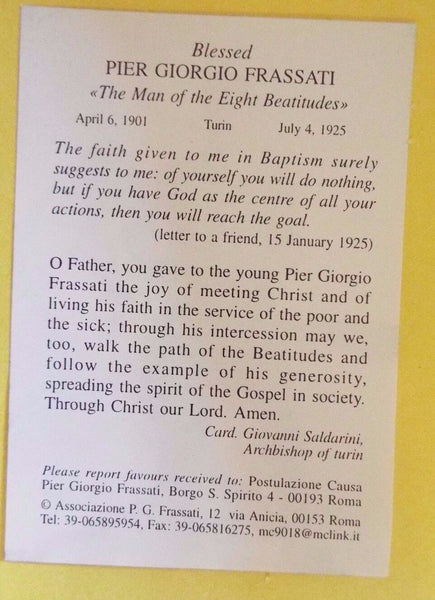 Blessed Pier Giorgio Frassati Prayer Card, New from Italy