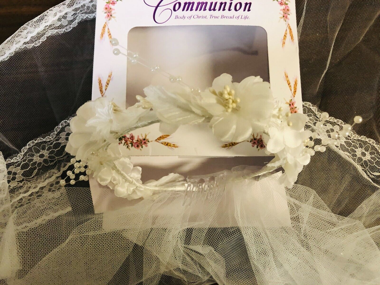 First Holy Communion Floral Headband Veil, New - Bob and Penny Lord