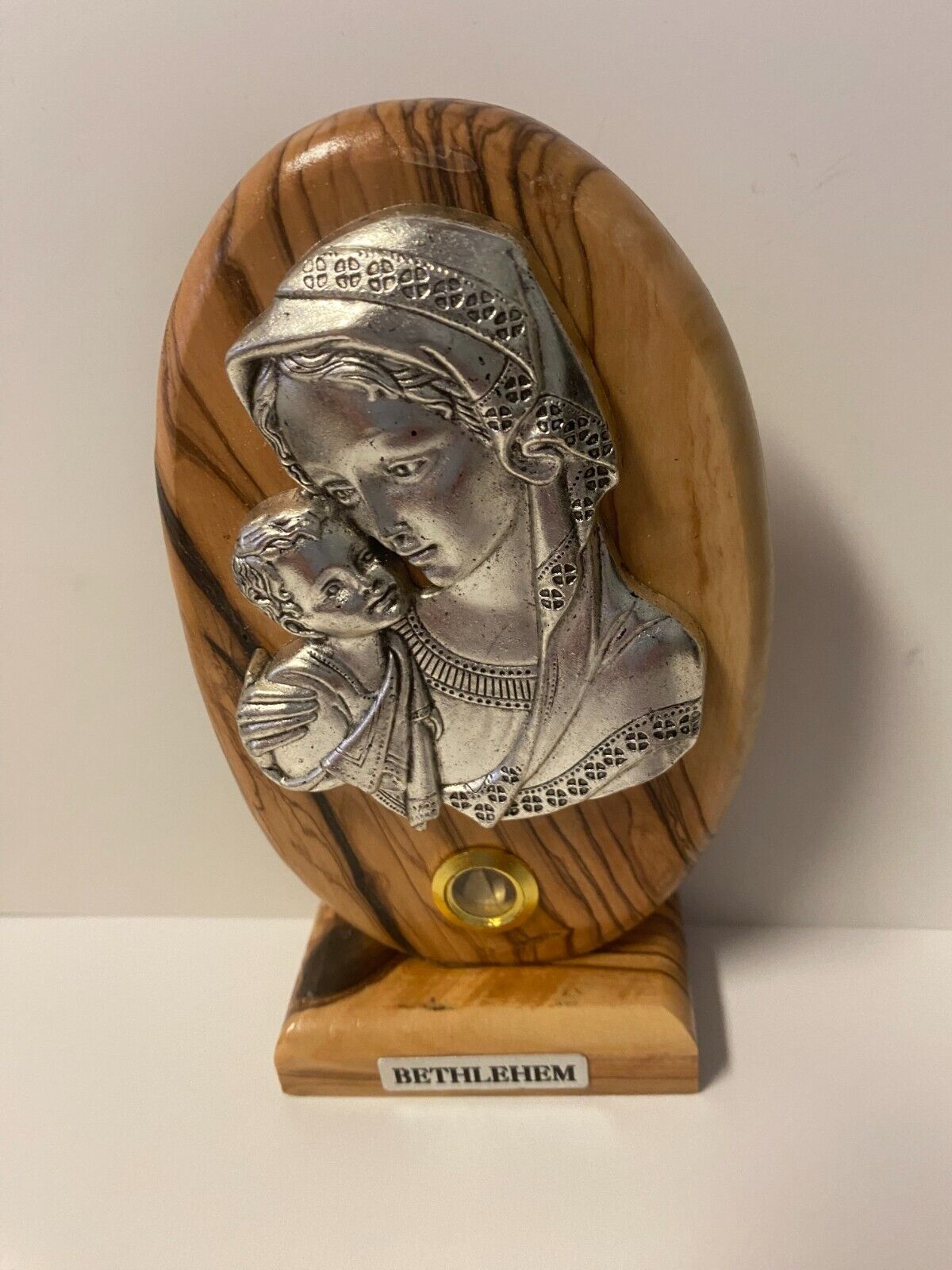 Blessed Mother with Child Pewter Image set on Wood, Medium, New from Bethlehem - Bob and Penny Lord