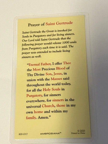Saint Gertrude  " Prayer for Souls in Purgatory" Laminated Prayer Card, New