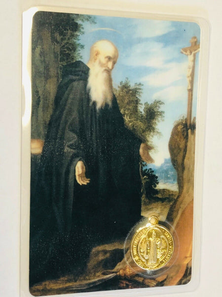 Saint Benedict Laminated Prayer Card with Gold Medal, From Italy, New #3
