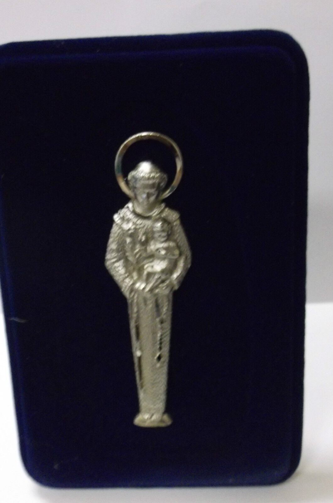 Saint Anthony Pewter Image Engraved on Navy Blue Velvet Frame, New