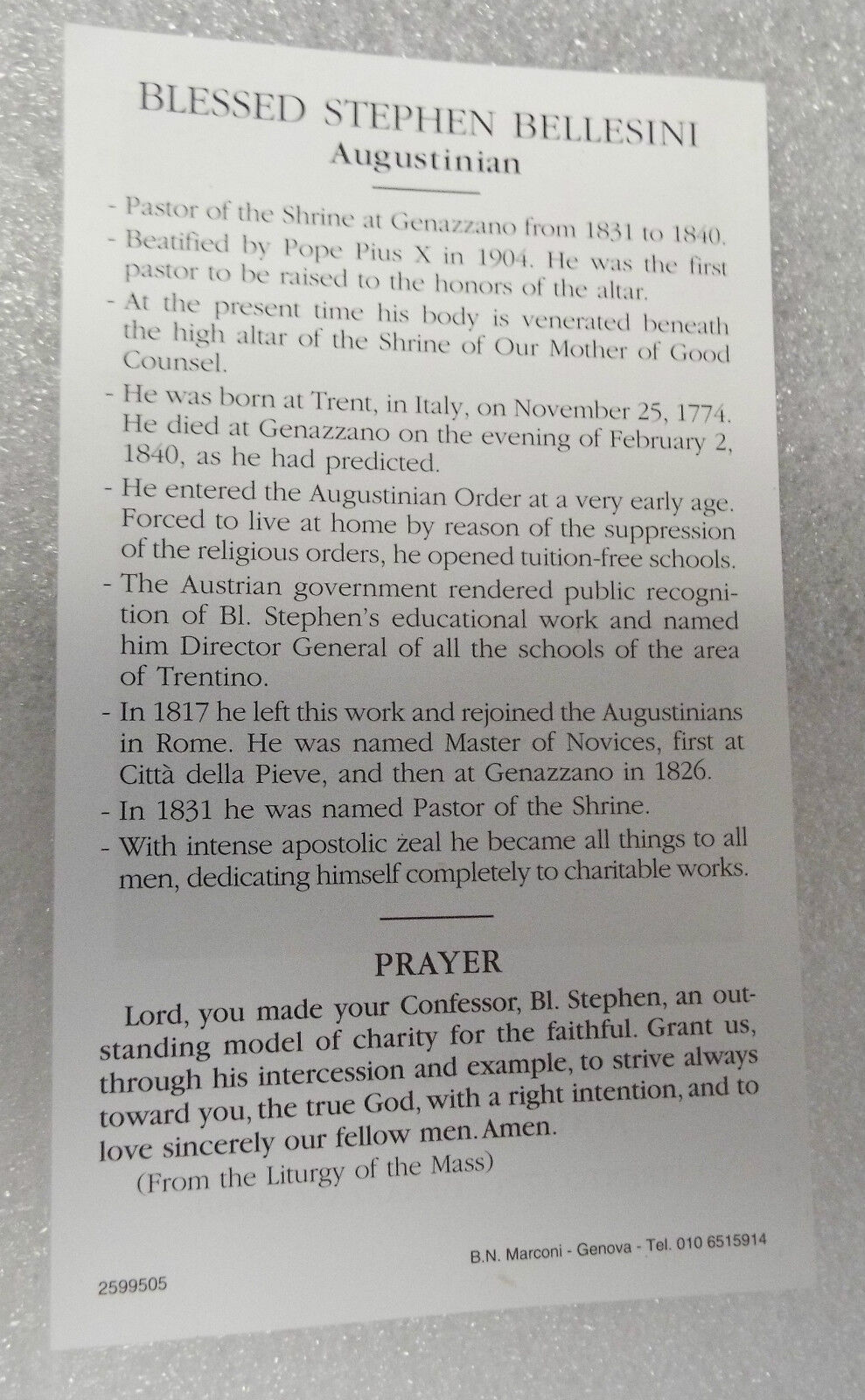 Blessed Stephen Bellesini Prayer Card, from Italy New - Bob and Penny Lord