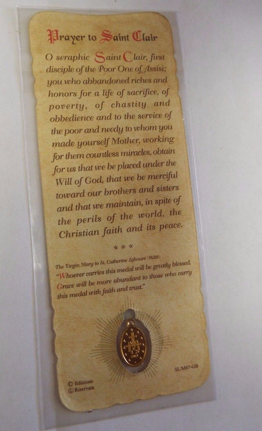 Saint Clare of Assisi Prayer Card with Medal, New from Italy - Bob and Penny Lord