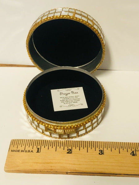 Prayer Box, Decorative Mirror/Gold Sequins Round Box, 3" New