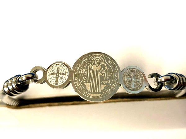Saint Benedict Medal on Gold or Silver Bangle Bracelet, New
