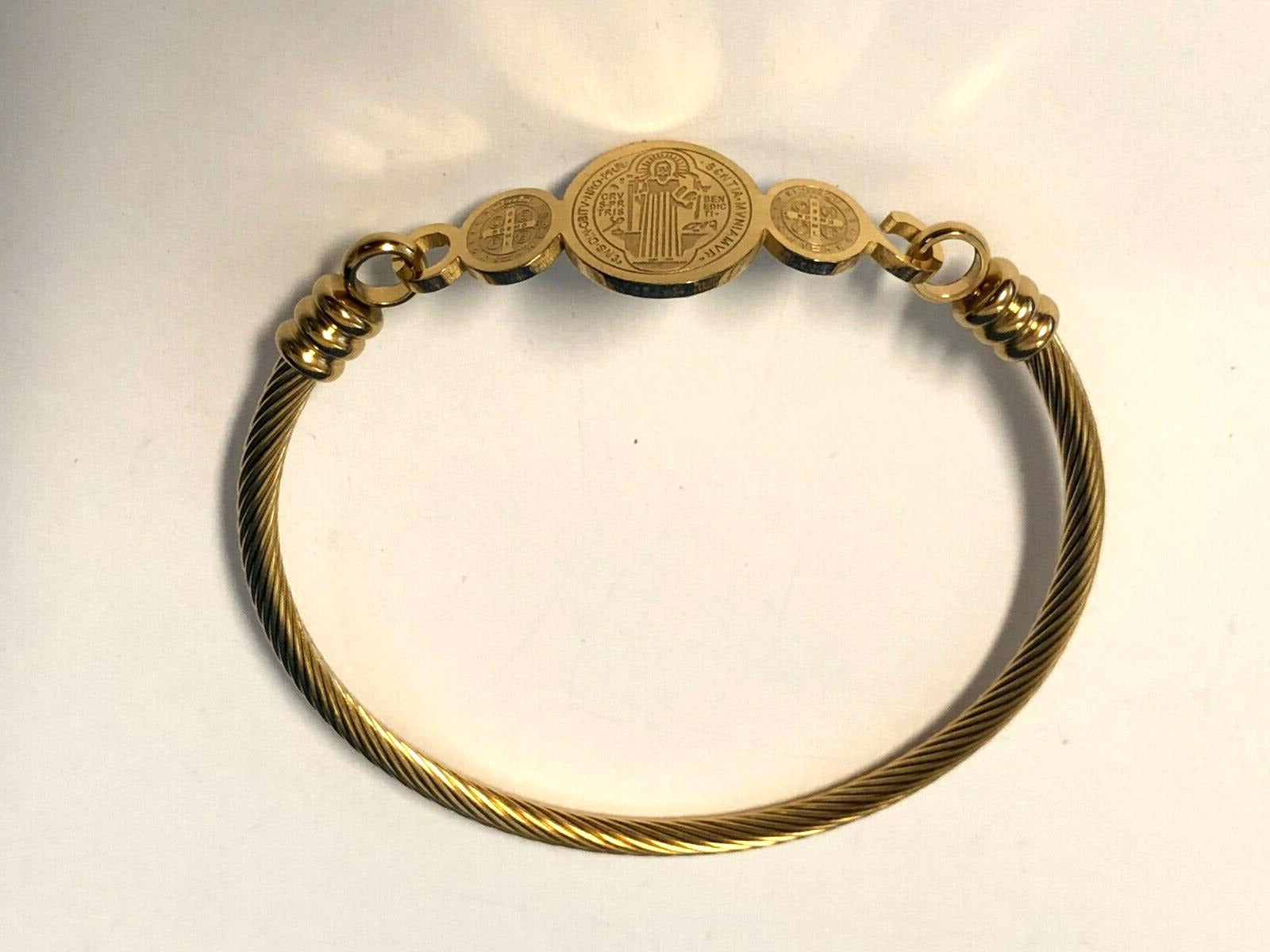 Saint Benedict Medal on Gold or Silver Bangle Bracelet, New - Bob and Penny Lord