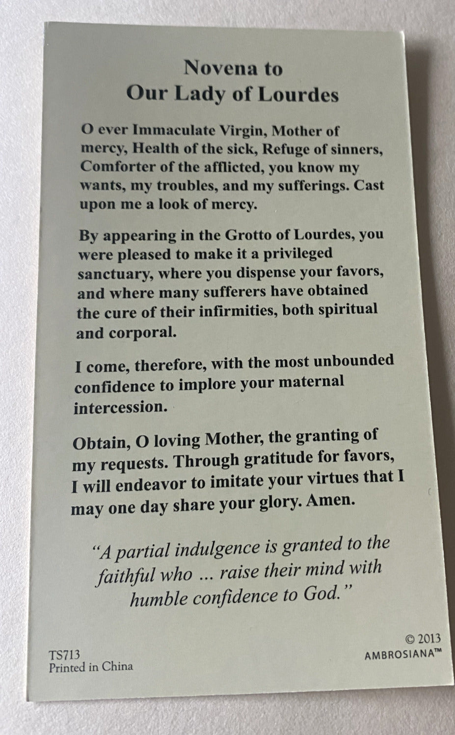 Our Lady of Lourdes Prayer Card, New