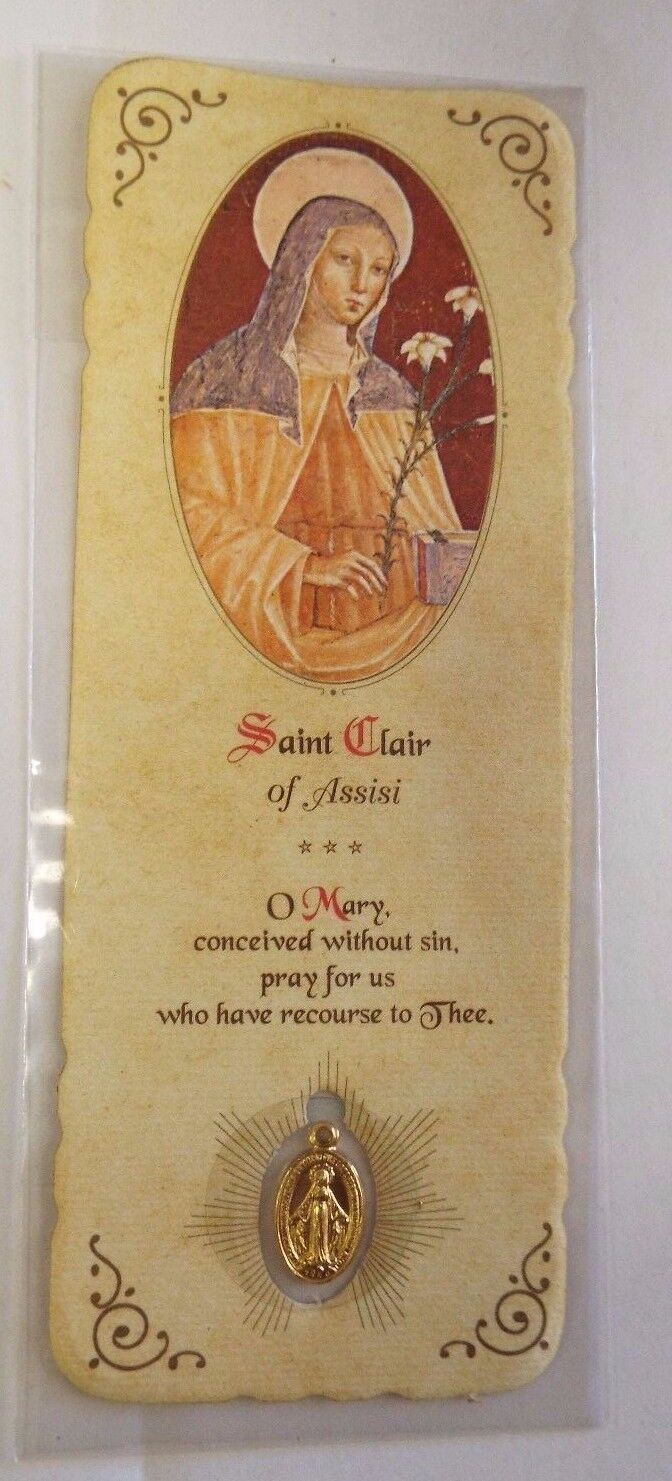 Saint Clare of Assisi Prayer Card with Medal, New from Italy