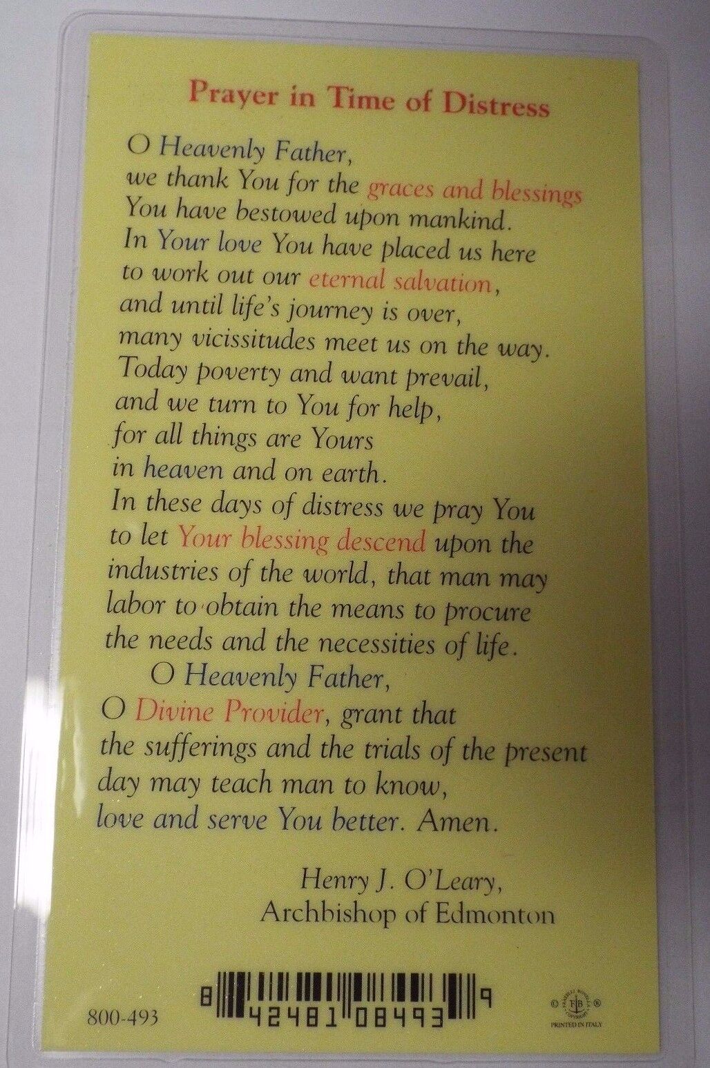 Christ The Good Shepherd -- Prayer in Time of Distress Prayer Card, New - Bob and Penny Lord