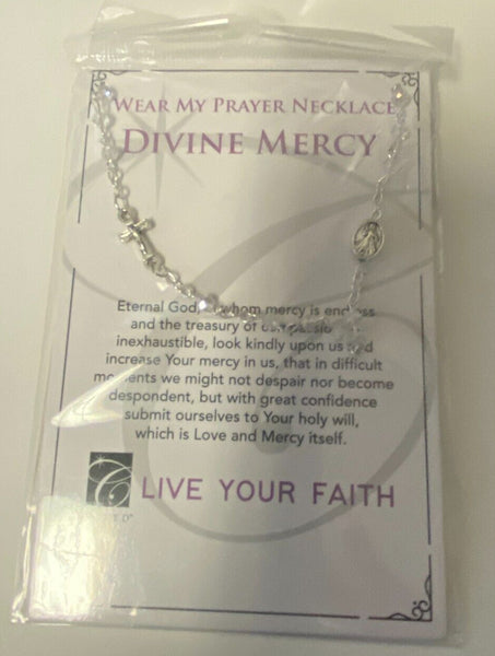 Divine Mercy Clear Glass Beads Rosary Necklace, New
