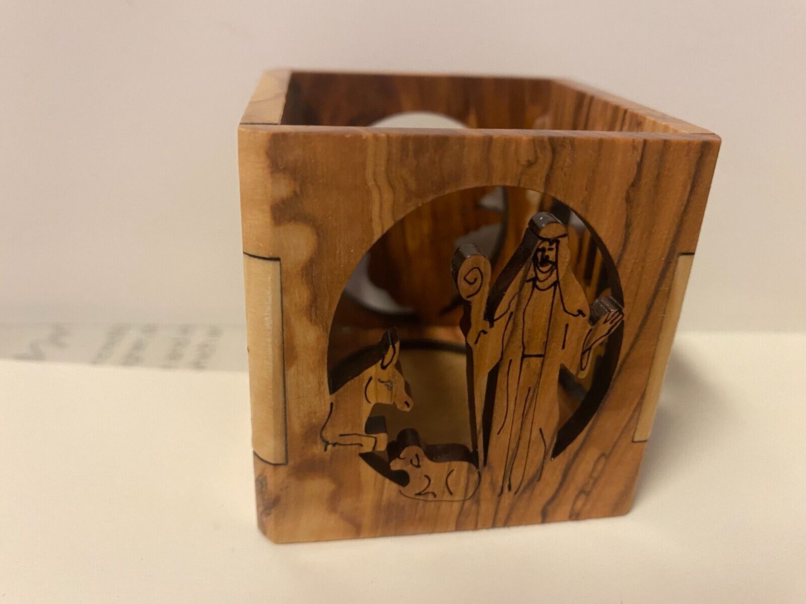 Olive Wood 4 images 2.25" Votive Holder, New from Bethlehem - Bob and Penny Lord