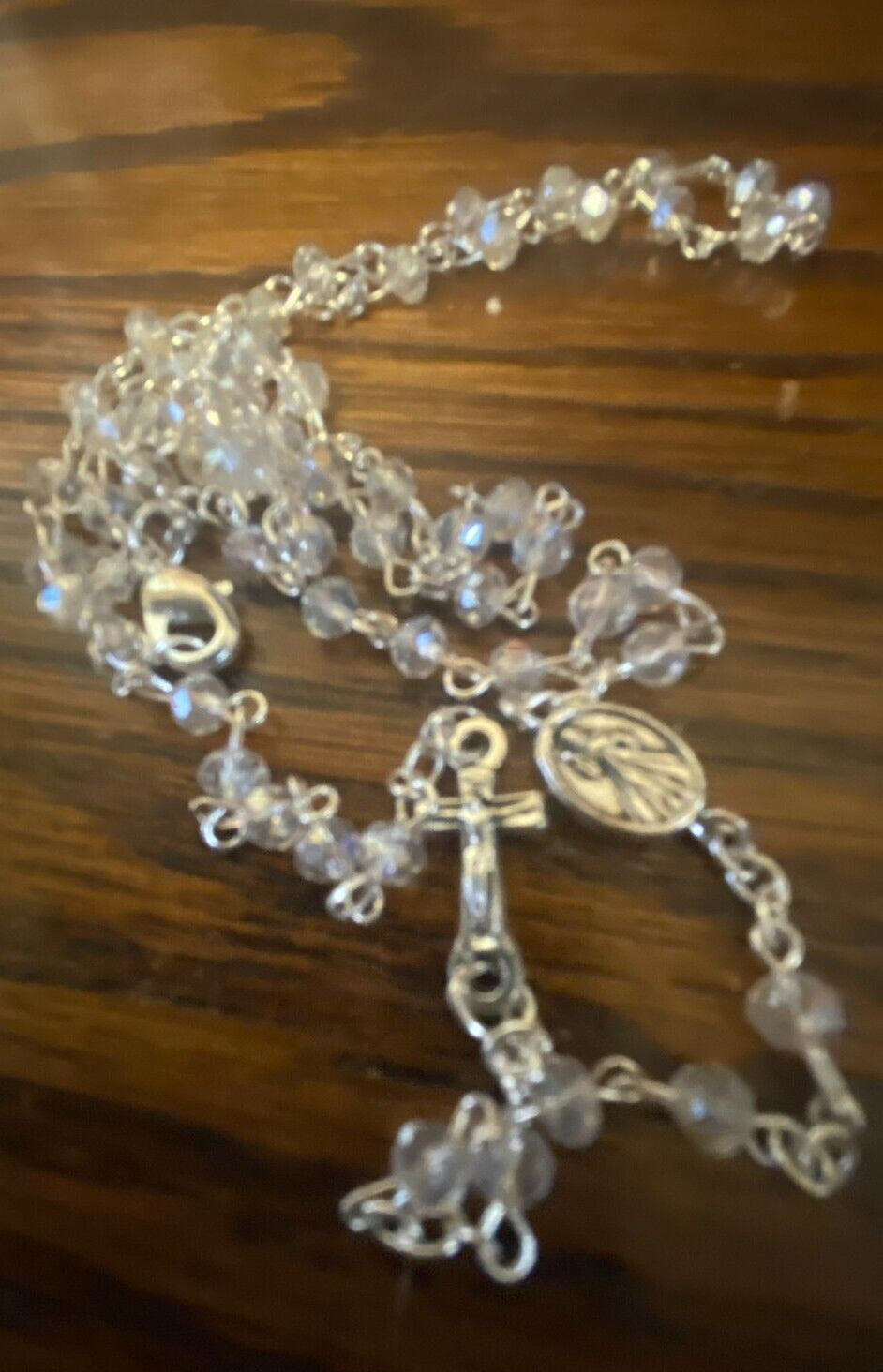 Divine Mercy Clear Glass Beads Rosary Necklace, New