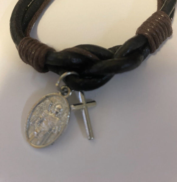 Leather Cuff Bracelet with St Michael The Archangel Charm + Cross Charm, New