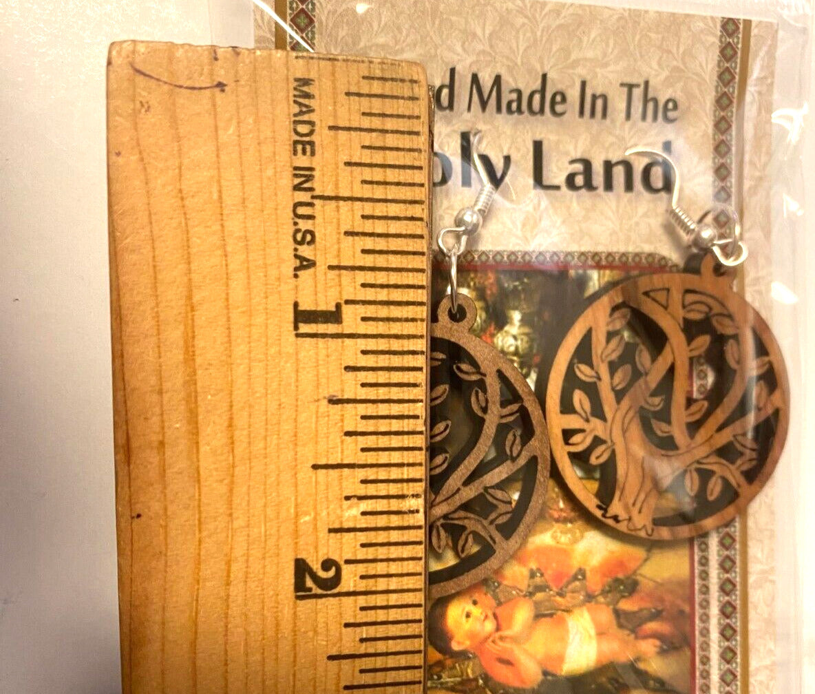 Olive Wood Tree Round  2" Hanging Earrings, New From the Holy Land