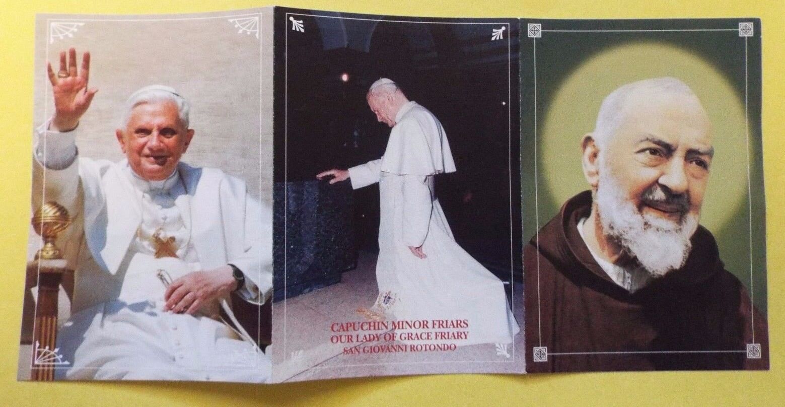 Padre Pio, St John Paul II & Emeritus Pope Benedict XVI Image Card, New Italy - Bob and Penny Lord