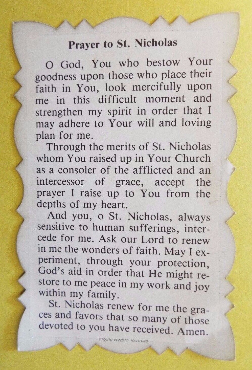 Saint Nicholas of Tolentino Scalloped Prayer Card, From Italy - Bob and Penny Lord