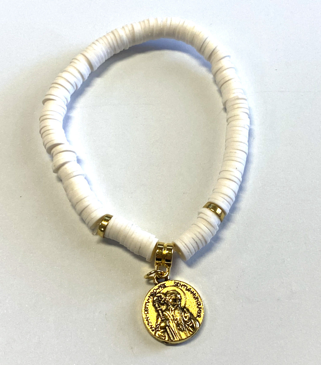 Saint Benedict Medal Puka Shell  7" Bracelet,  New