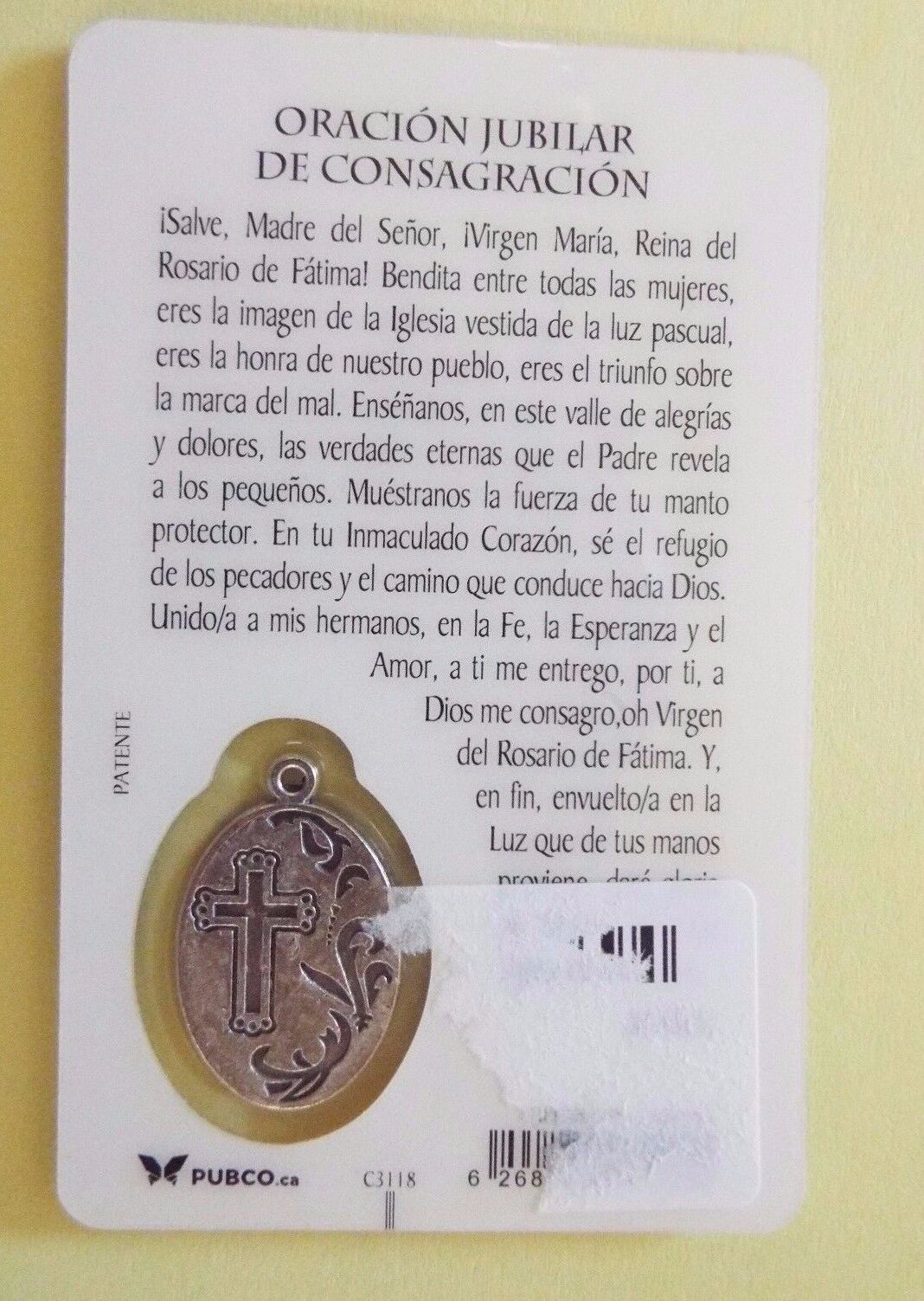 Nuestra Señora de Fátima, Estampita de Consagración con Medalla, De Fátima,