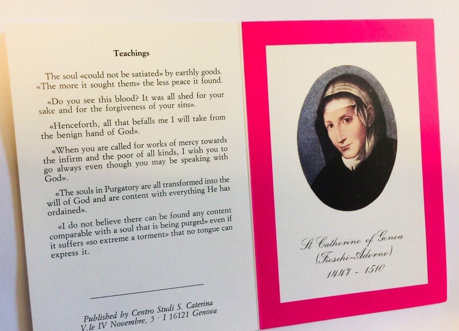 Saint Catherine of Genoa Prayer with Bio & Teachings Folder, From Italy - Bob and Penny Lord
