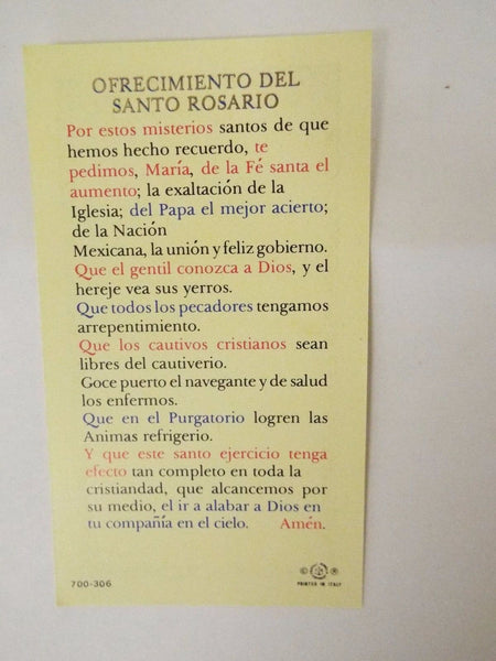 Estampa de oración Ofrecimiento del Santo Rosario/Spanish Prayer Card, New