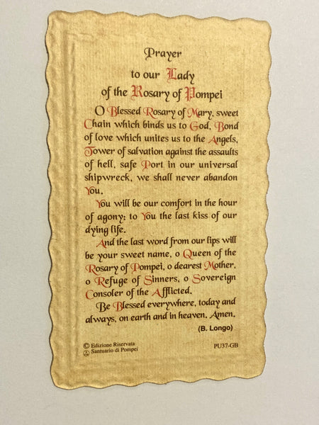 Our Lady of the Holy Rosary of Pompei Scalloped Prayer Card, New from Italy
