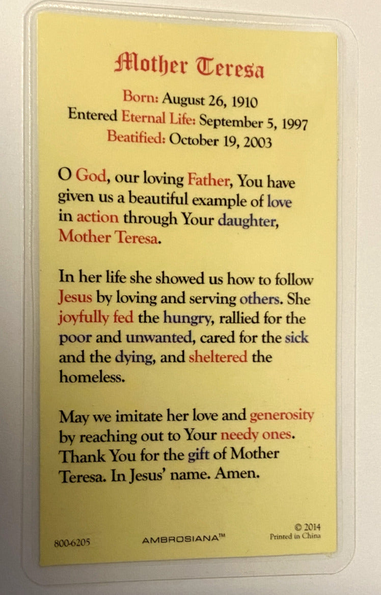 Saint Mother Teresa of Calcutta Laminated Prayer Card, New #2 - Bob and Penny Lord