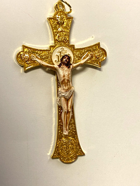 Holy Mass Crucifix with Saint Benedict Medal, Gold tone, 3", New