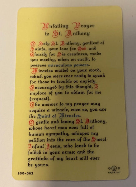 Saint Anthony of Padua" Unfailing Prayer" Laminated Wallet Size Card, New