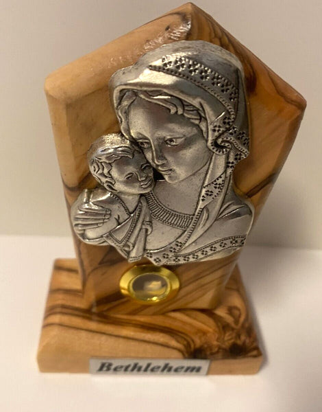 Blessed Mother with Child Pewter Image set on Wood, Small, New from Bethlehem