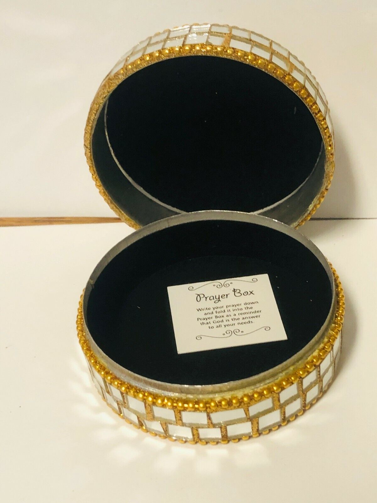 Prayer Box, Decorative Mirror/Gold Sequins Round Box, 3" New - Bob and Penny Lord