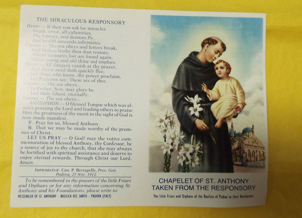 Chaplet of Saint Anthony of Padua Prayer Card, From Italy, NEW