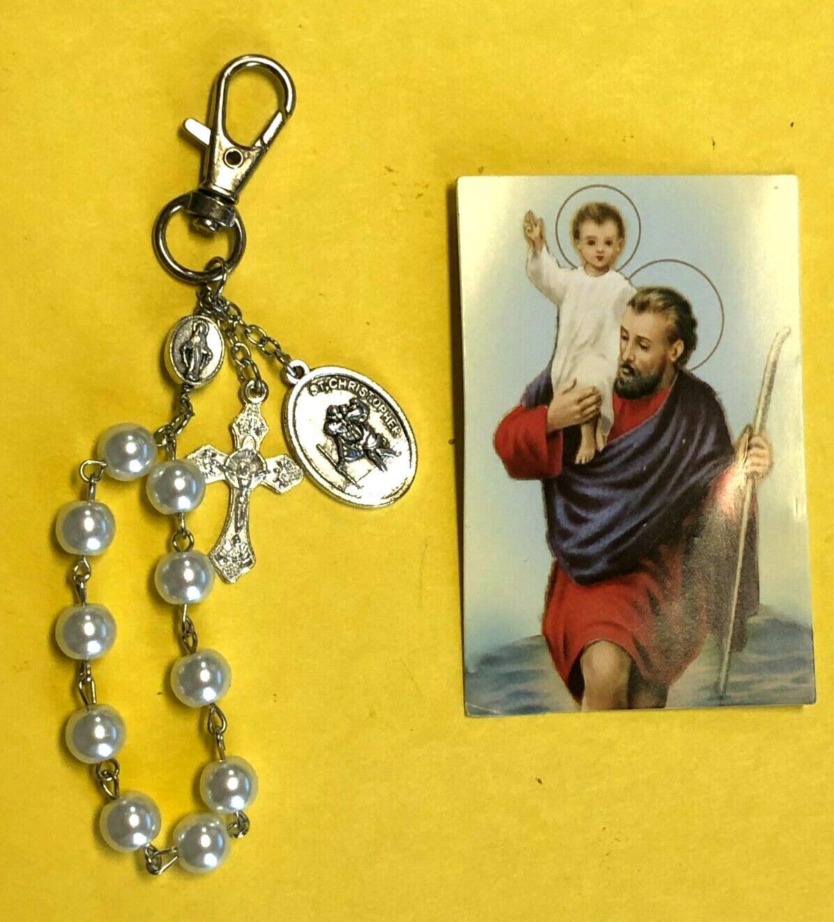 Saint Christopher Faux Pearls 1 decade Rosary Clip + Prayer Card, New