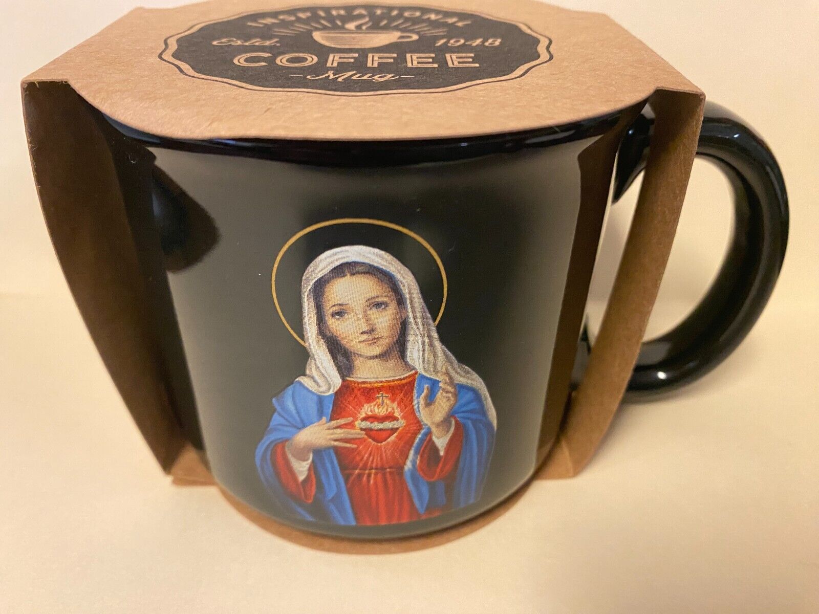 Blessed Mother Black 13oz Cup/Mug, With Morning Consecration Prayer, New - Bob and Penny Lord