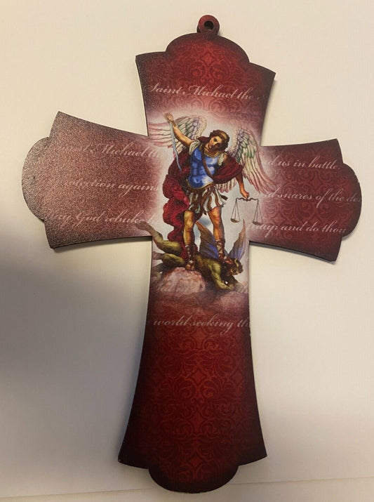 Saint Michael The Archangel 8" Laser Image on Thin Wood Cross, New - Bob and Penny Lord
