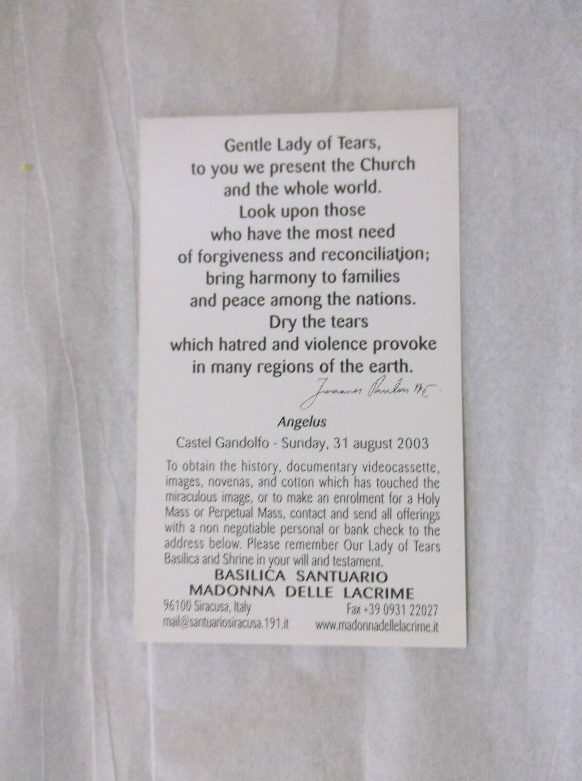 Our Lady of Tears Black & White Prayer Card, From Italy New