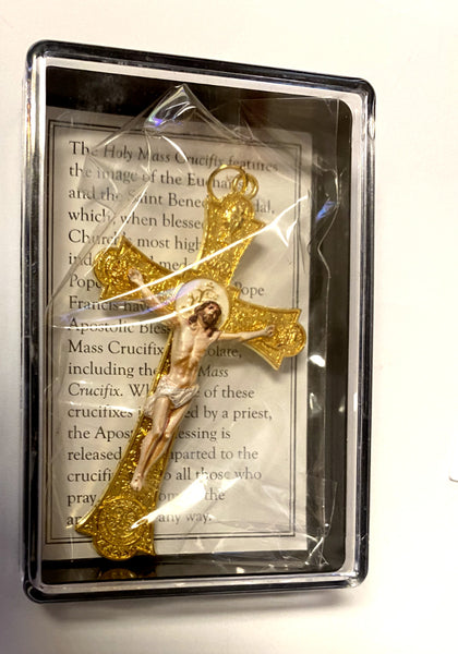 Holy Mass Crucifix with Saint Benedict Medal, Gold tone, 3", New