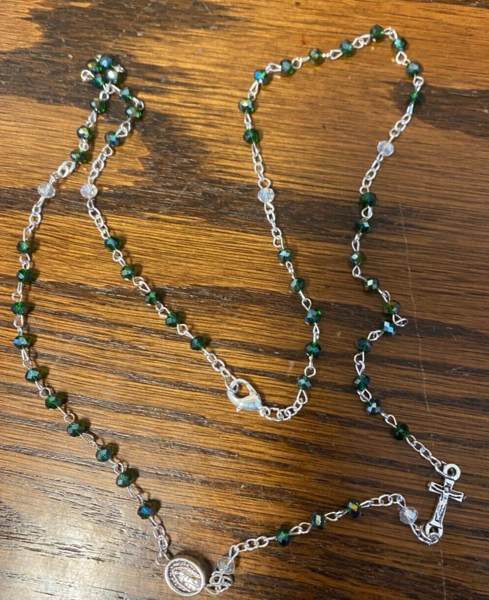 Our Lady of Guadalupe Green Glass Beads Rosary Necklace, New - Bob and Penny Lord