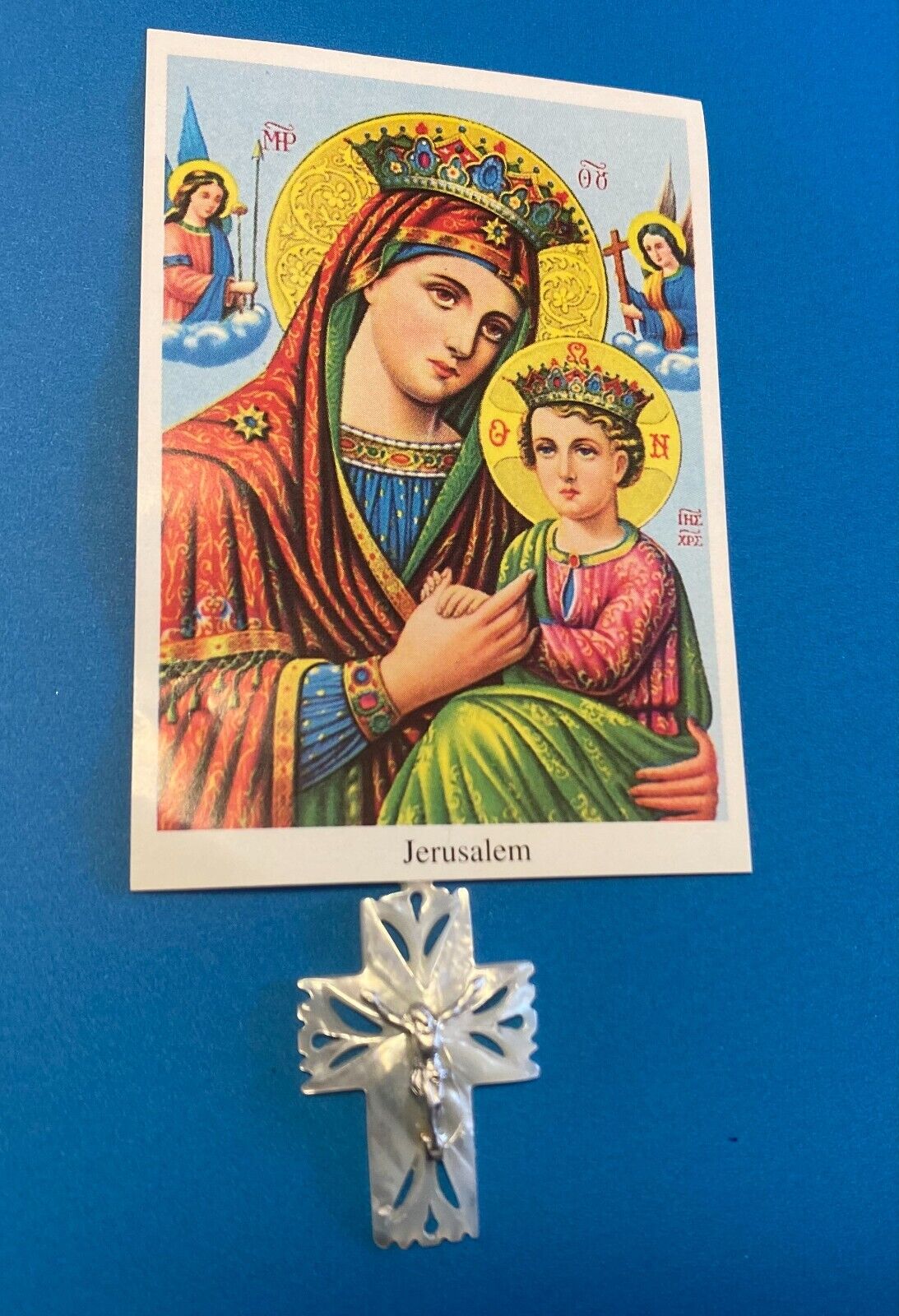 Our Lady of Perpetual Help Image + Mother of Pearl Crucifix Pendant, New
