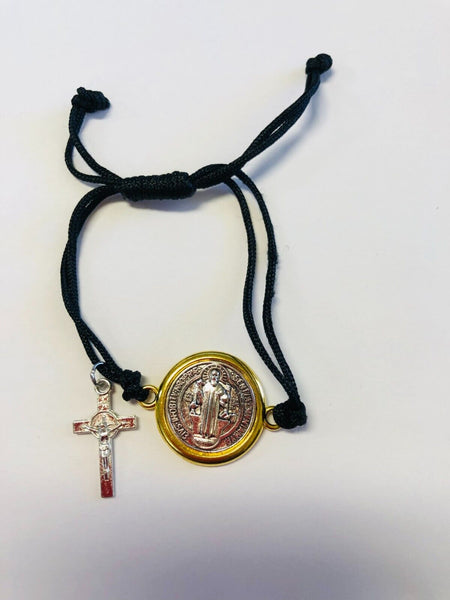 Saint Benedict 2 Tone Medal Rope Adjustable Bracelet  7.5",  New