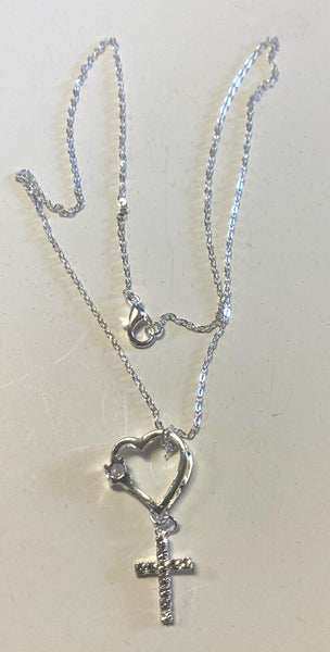 Brazilian Silver Heart & Cross 20" Necklace, New