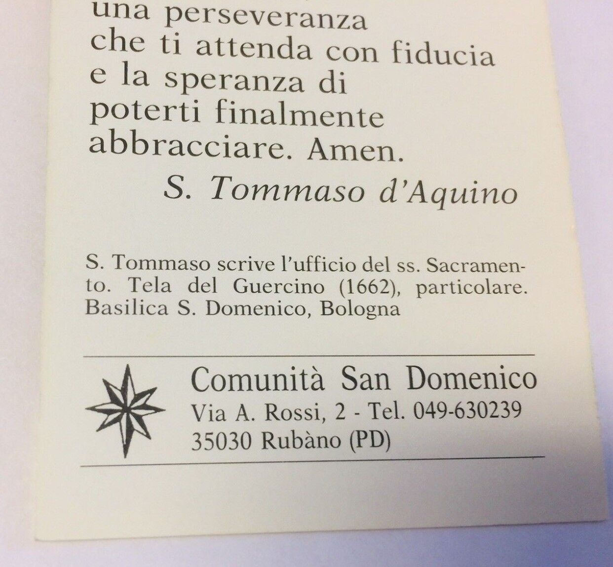 Saint Thomas Aquinas Authentic Prayer Card, PRAYER IN ITALIAN, New From Italy