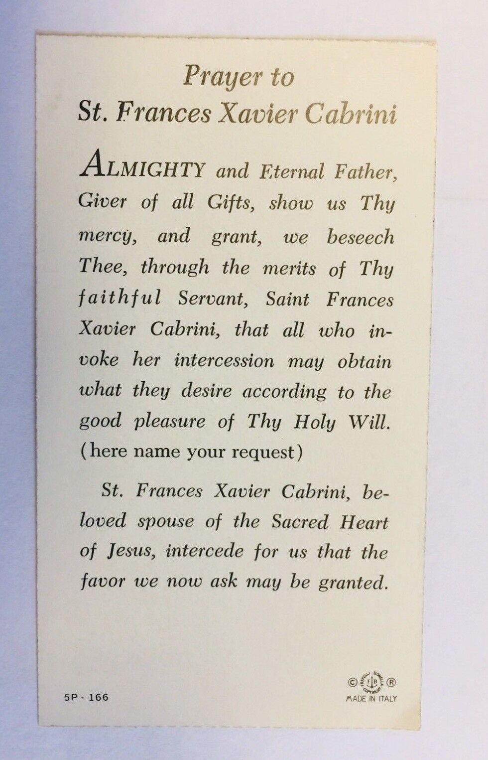 Prayer to Saint Frances Xavier Cabrini Card, New
